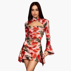 House of CB Toira Long Sleeve Satin Corset Mini Dress in Size Small